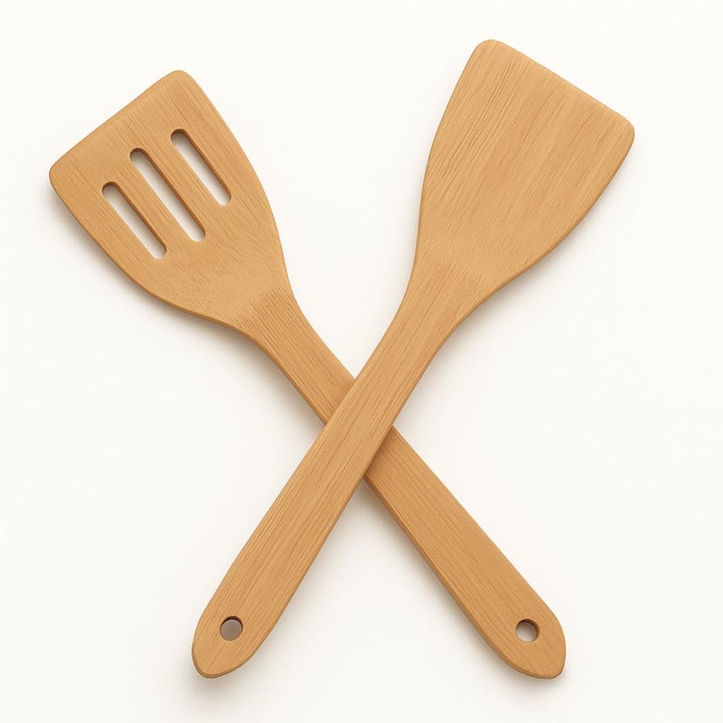 JB Home Collection, Set of 2 Large Bamboo Spatulas, 12" Wooden Cooking Utensils for Non Stick Cookware, Heat Resistant Eco-Friendly Kitchen Turner Tools, Safe for Teflon Pans, Natural Bamboo - Image 1
